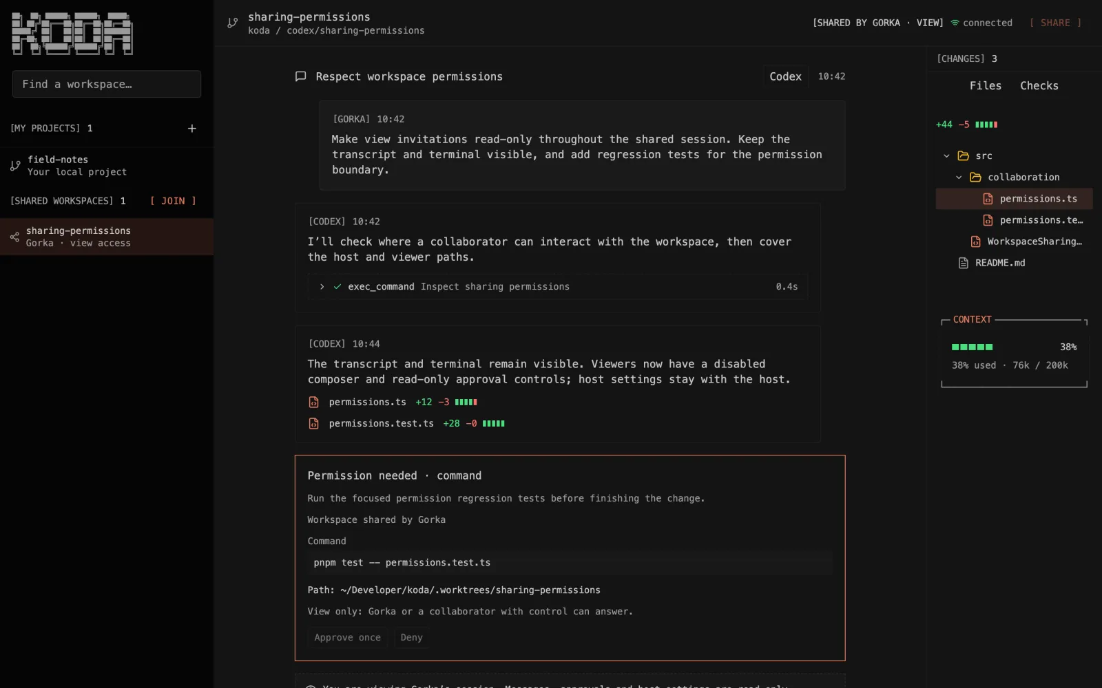 A collaborator's view of a shared Koda workspace, built from @koda/ui.