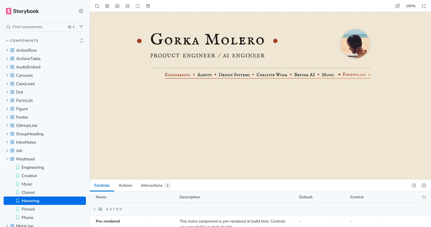 The masthead component in Storybook, with the portfolios menu open.