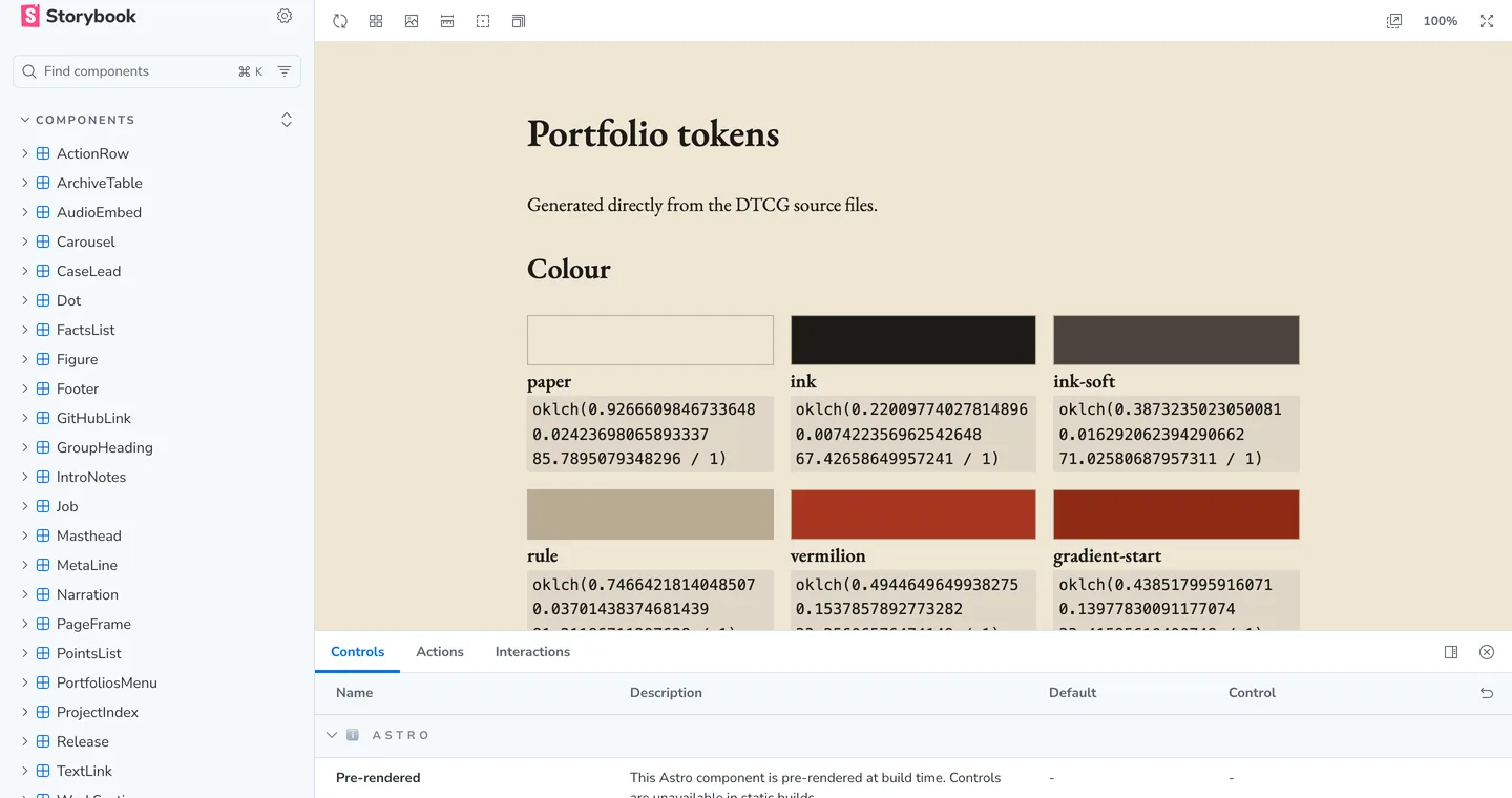 The token catalogue in Storybook, read from the token files.